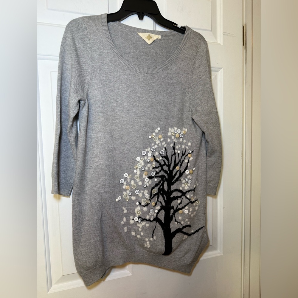 Anthropologie HWR Monogram Button Tree Small Embellished Tunic Gray Sweater Fun